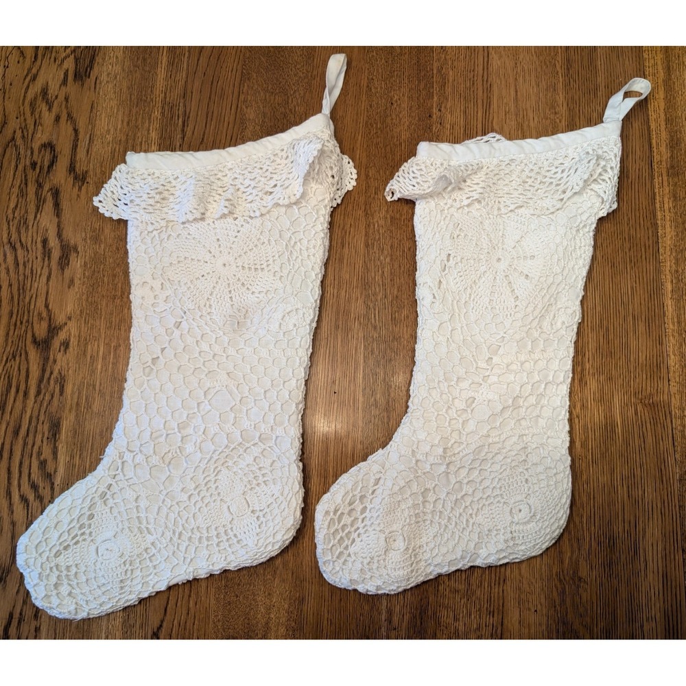 2 Vintage White Lace Crocheted Christmas Holiday Stockings
